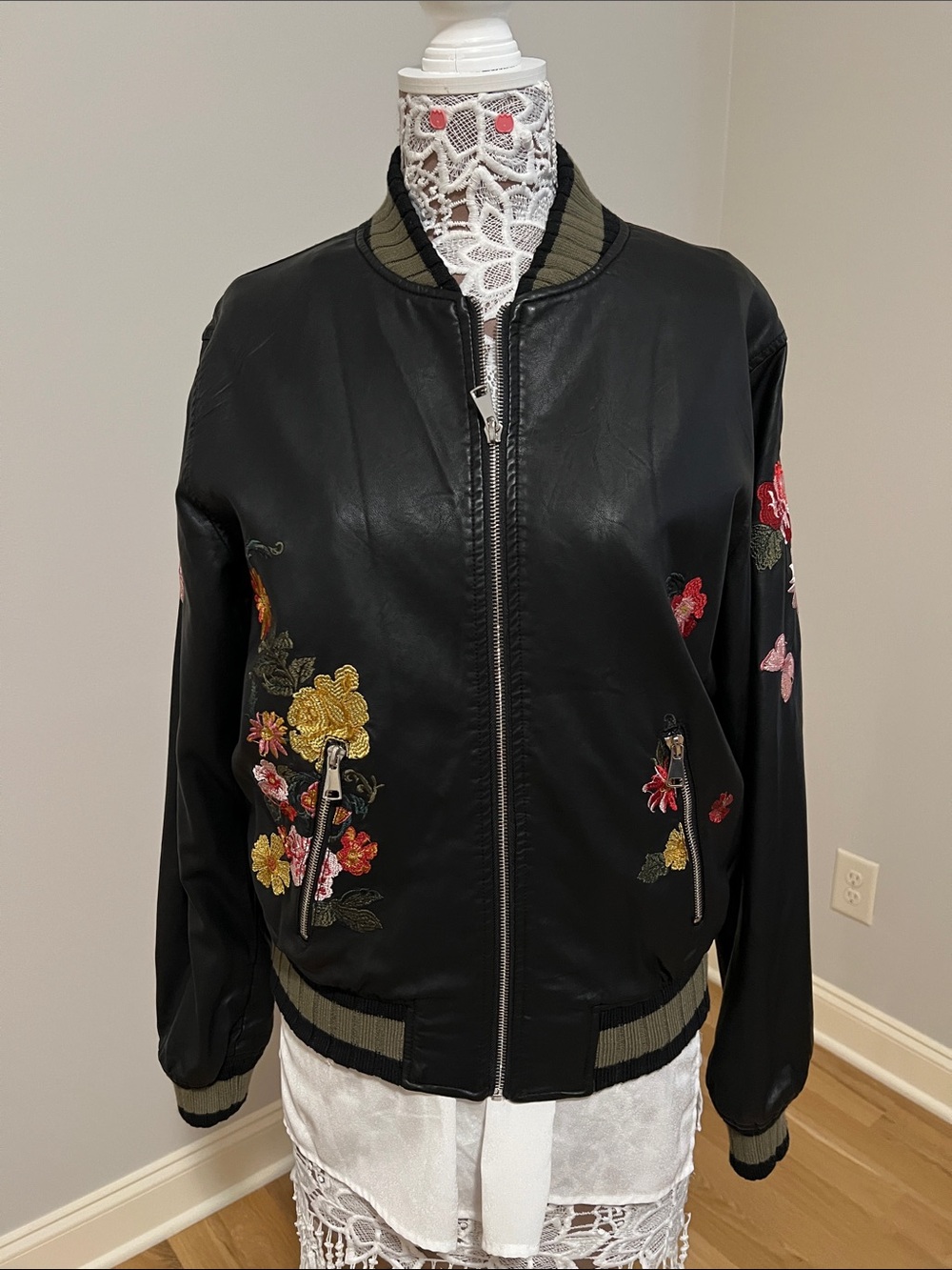 Max Edition Black Embroidered Floral Bomber Jacket